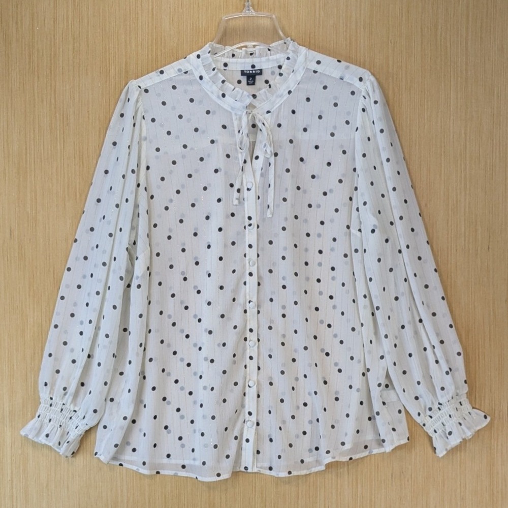 Torrid Preppy Office Elevated Basic Polka Dot Sheer Ruffle Top Size 2X White